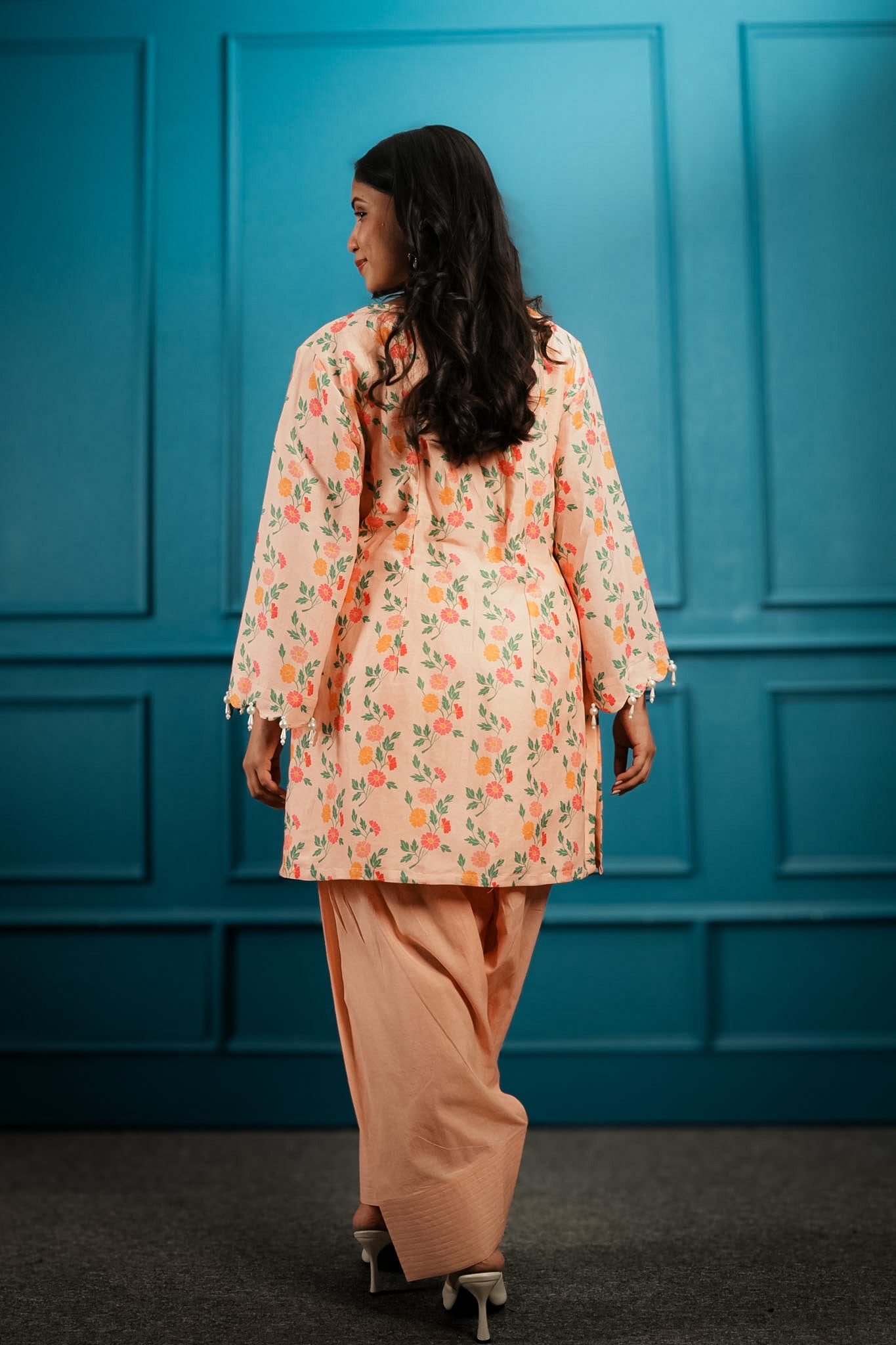Peach printed & embroidered farshi set
