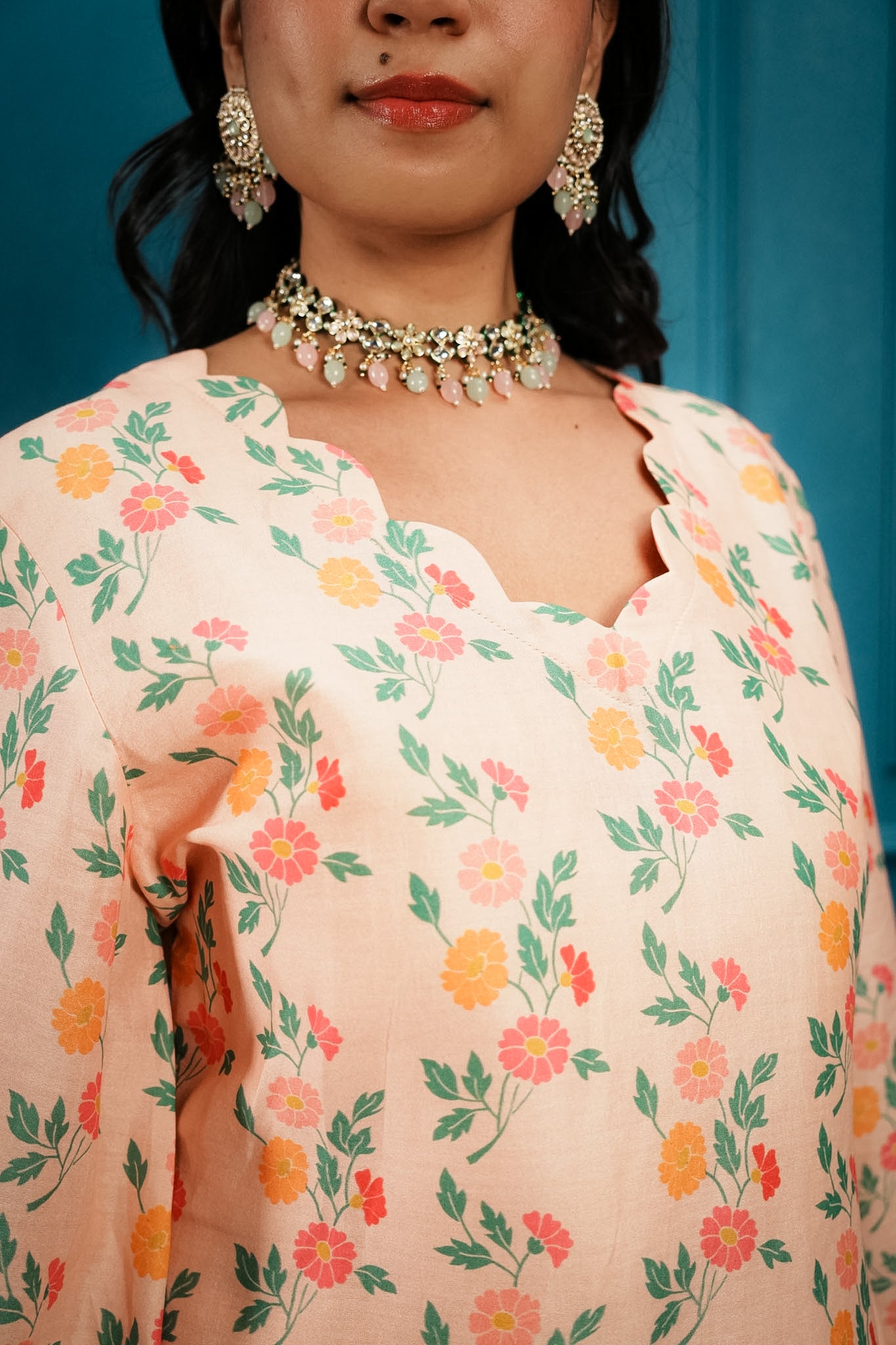 Peach printed & embroidered farshi set