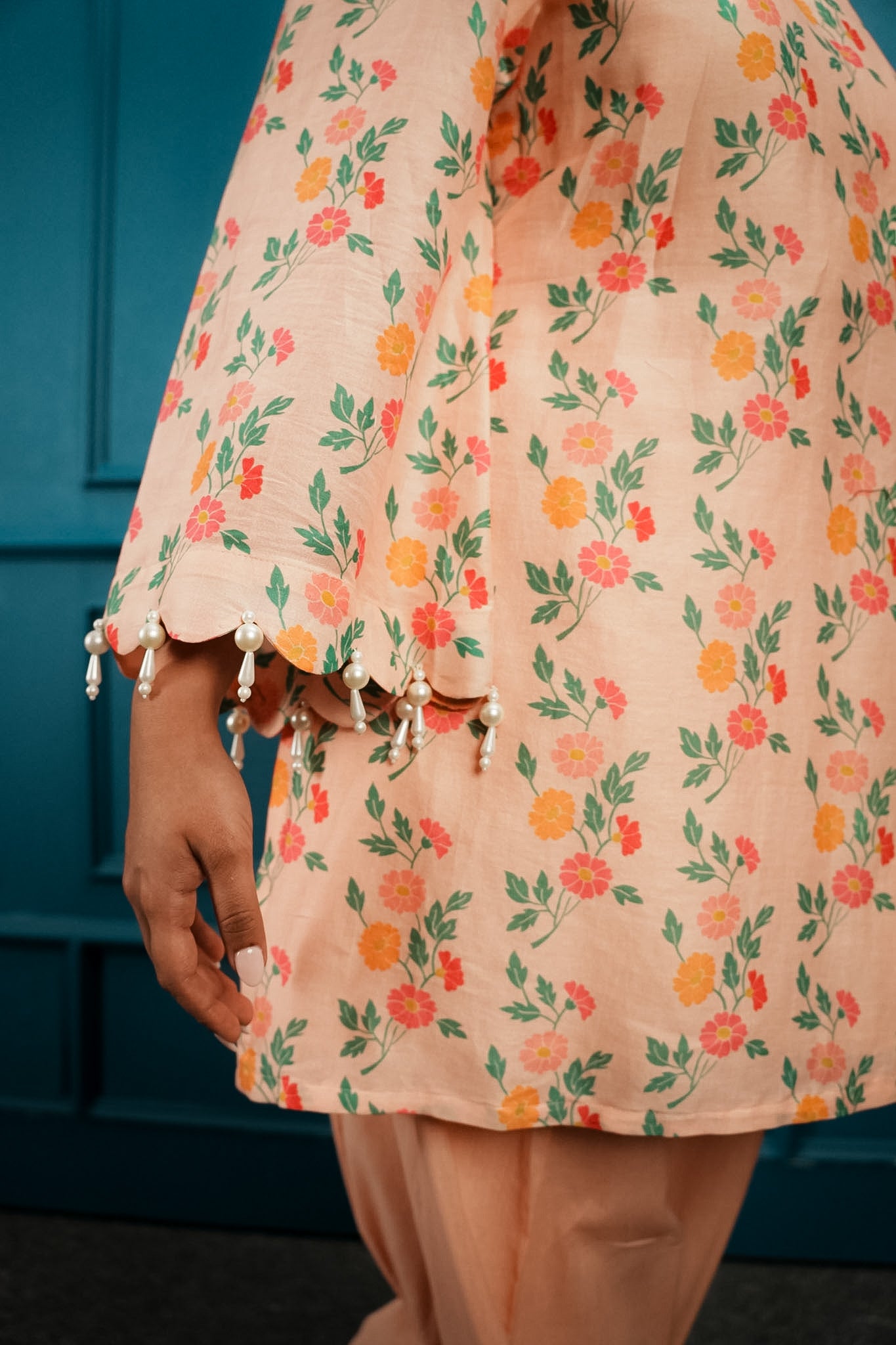Peach printed & embroidered farshi set