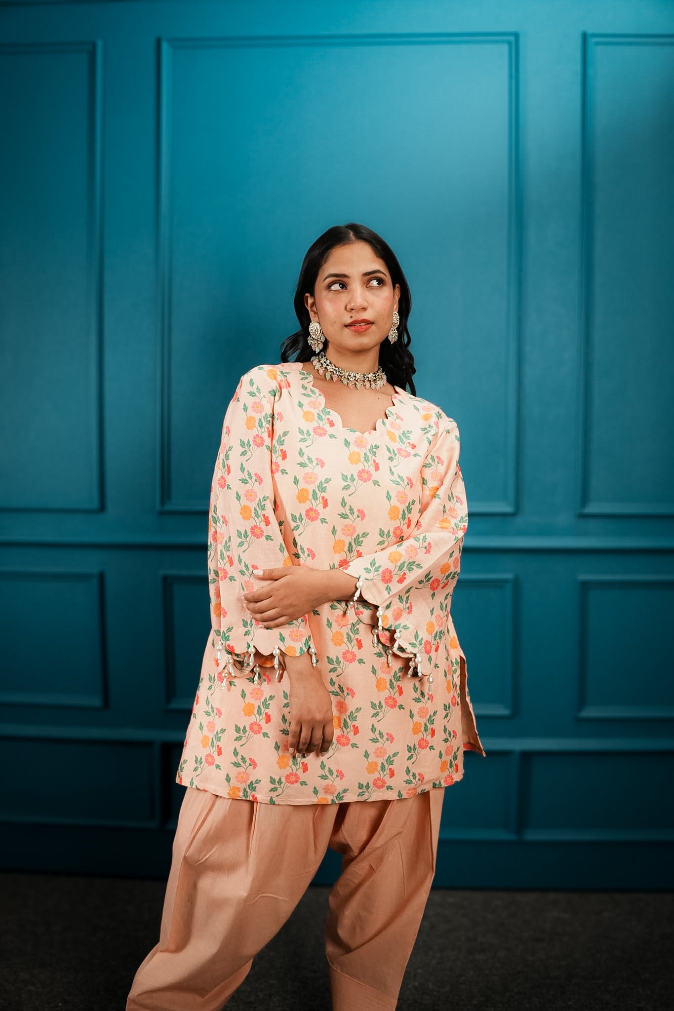 Peach printed & embroidered farshi set