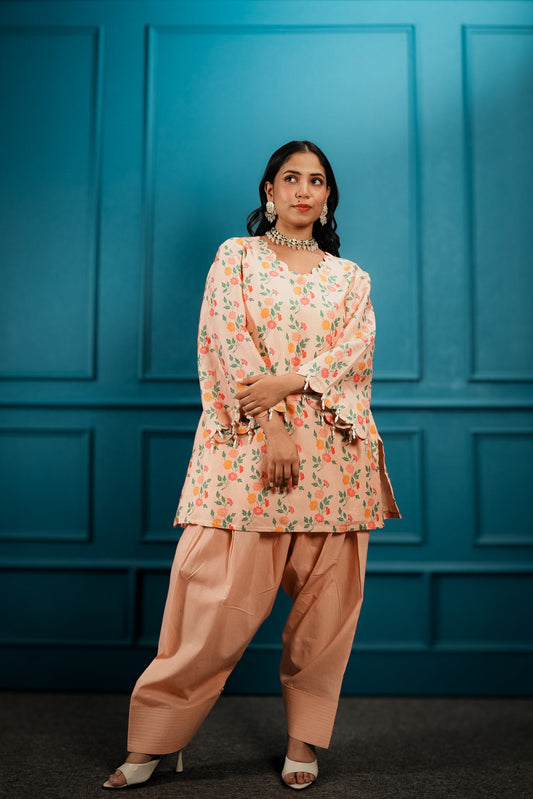 Peach printed & embroidered farshi set