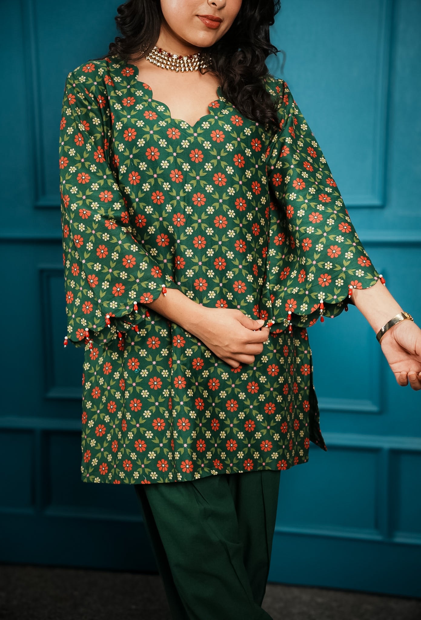 Bottle green printed & embroidered farshi set