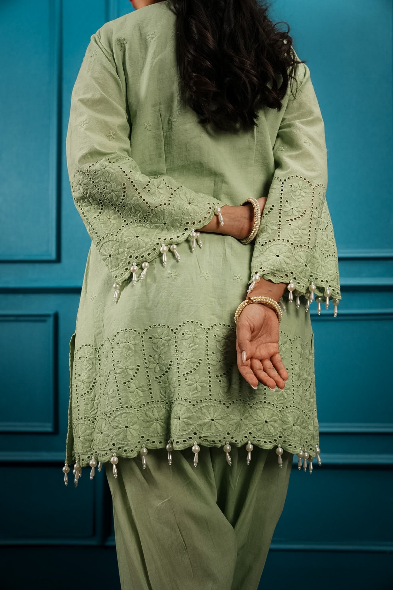 Green cutwork farshi set