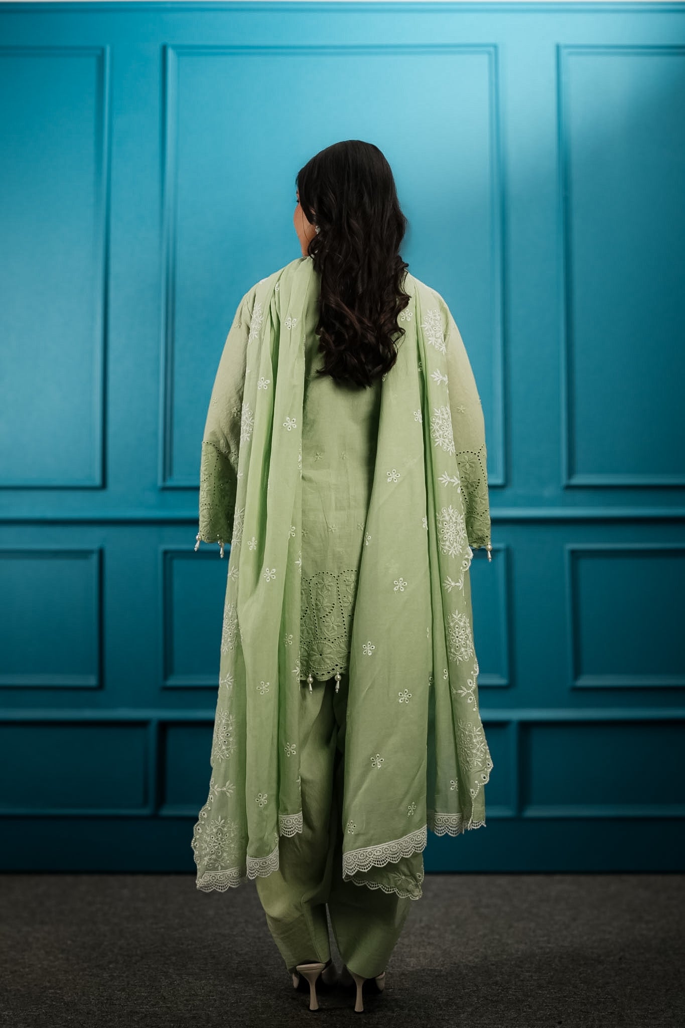 Green cutwork farshi set