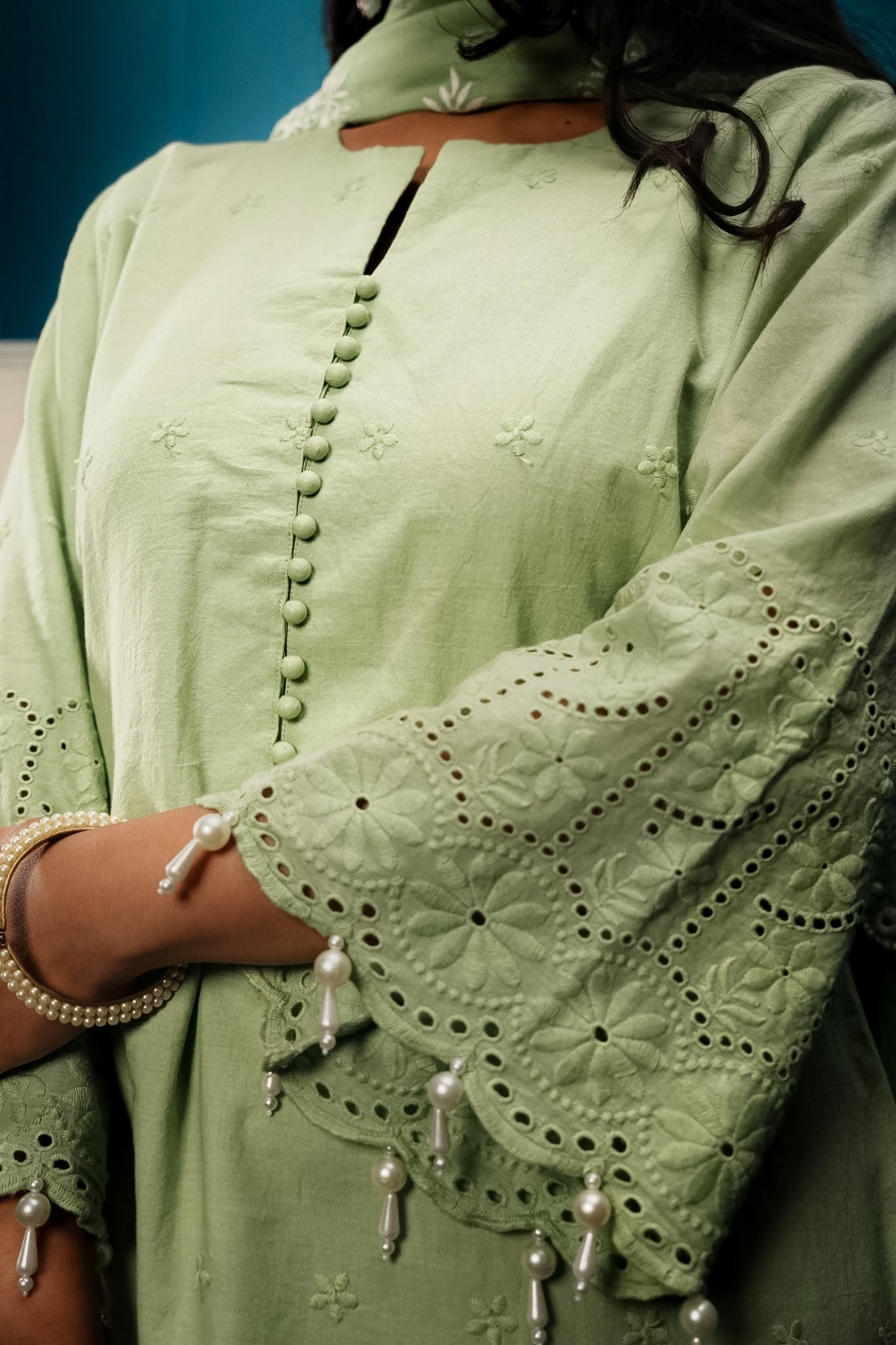 Green cutwork farshi set