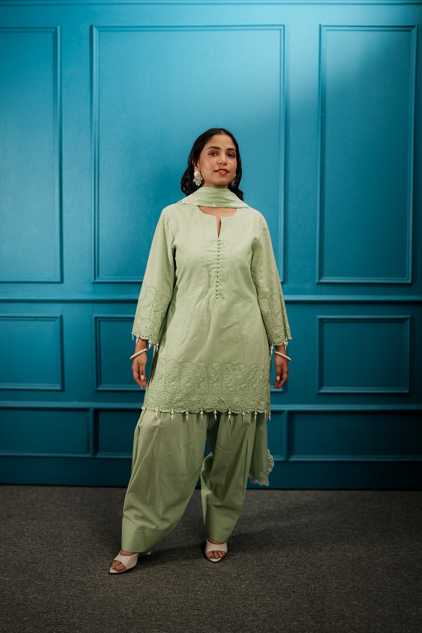 Green cutwork farshi set