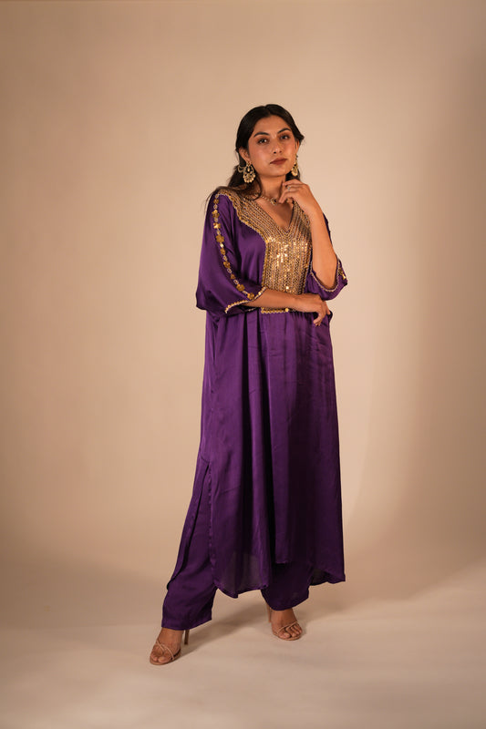 Deep purple kaftan set with a hand embroidered neckline & sleeves