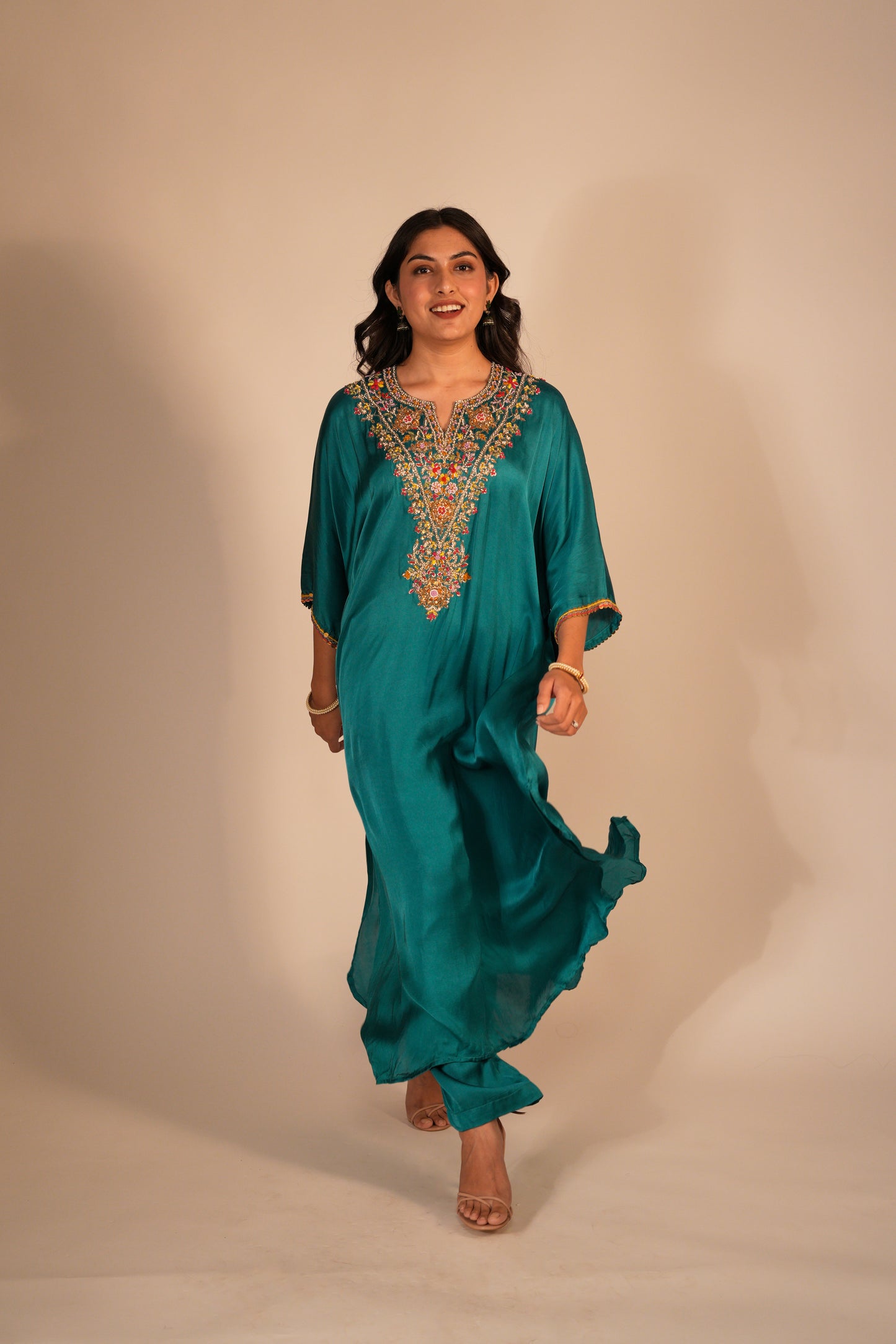 Hand embroidered teal kaftan set
