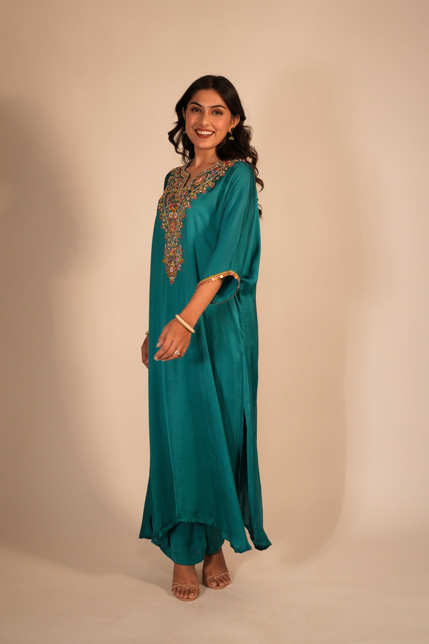 Hand embroidered teal kaftan set