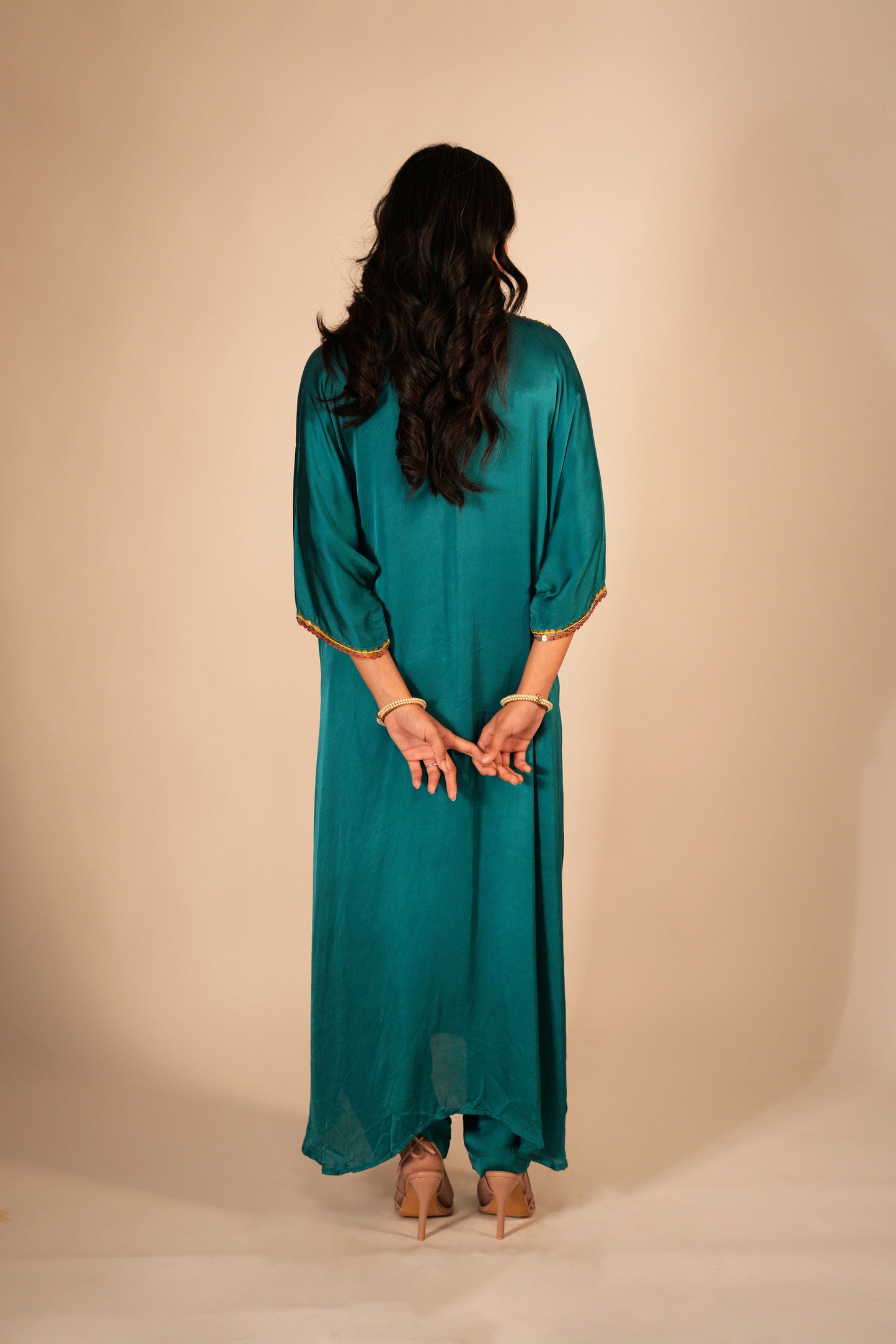 Hand embroidered teal kaftan set