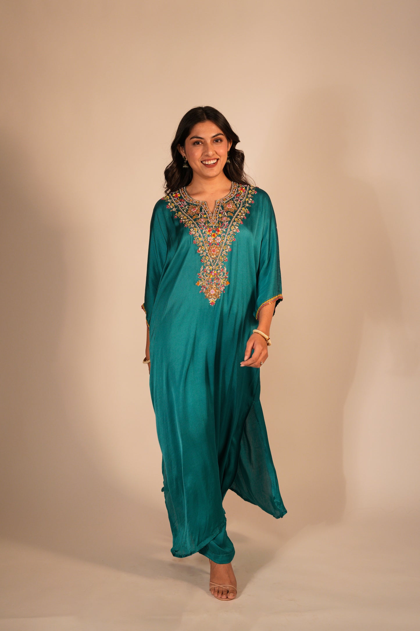 Hand embroidered teal kaftan set