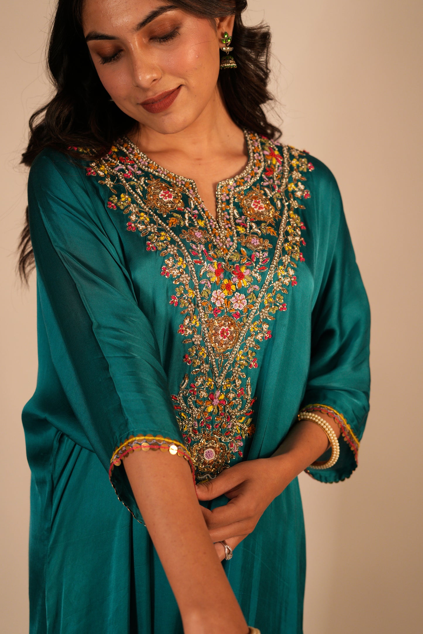 Hand embroidered teal kaftan set