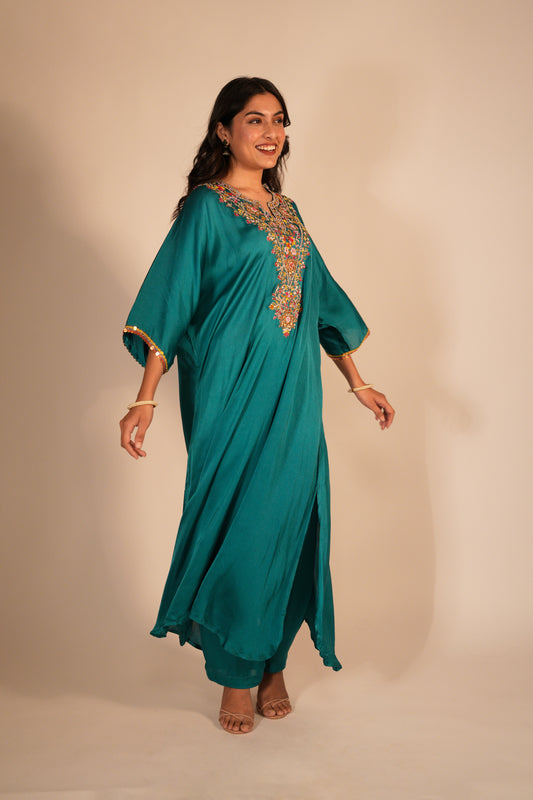 Hand embroidered teal kaftan set