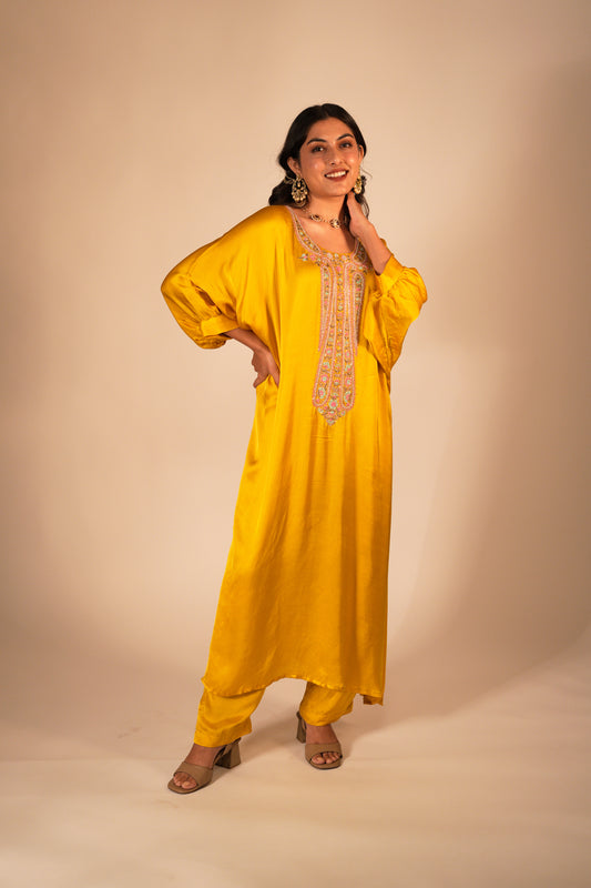 Deep yellow kaftan set with a hand embroidered paisley neckline