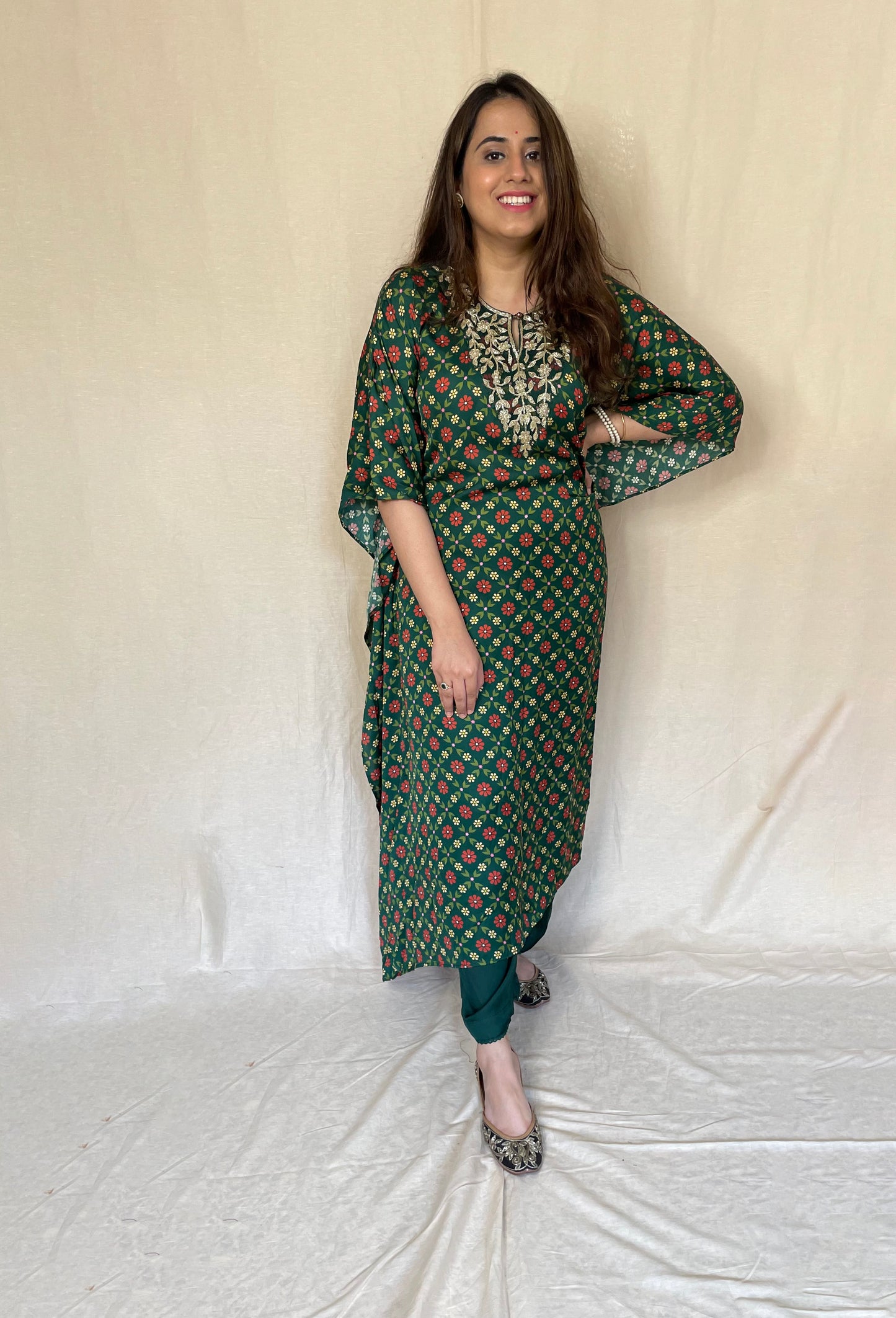 Bottle green floral printed kaftan with a hand embroidered yoke and pyjama