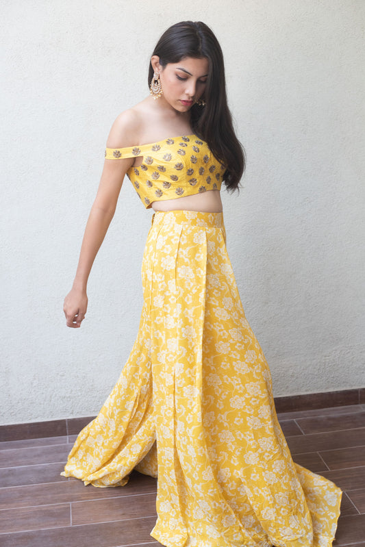 Hand embroidered off shoulder crop with high waisted yellow- white floral printed palazzos