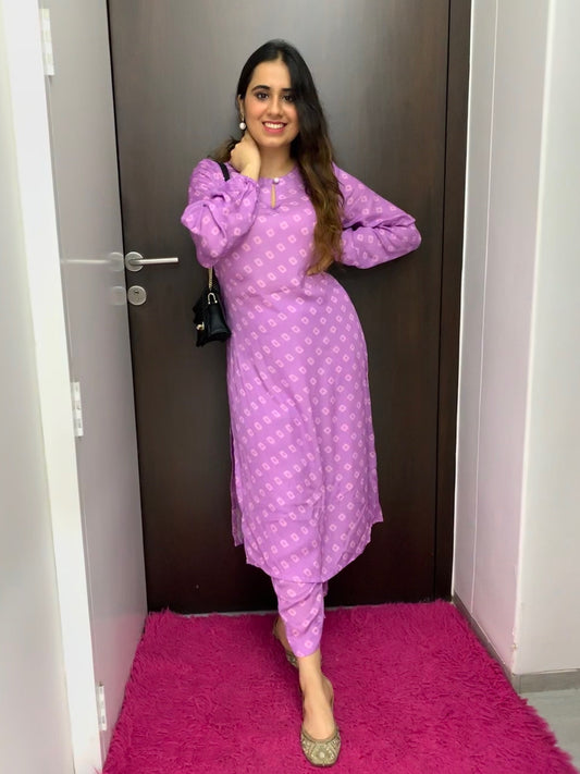 Lavender floral printed kurta and pyjama