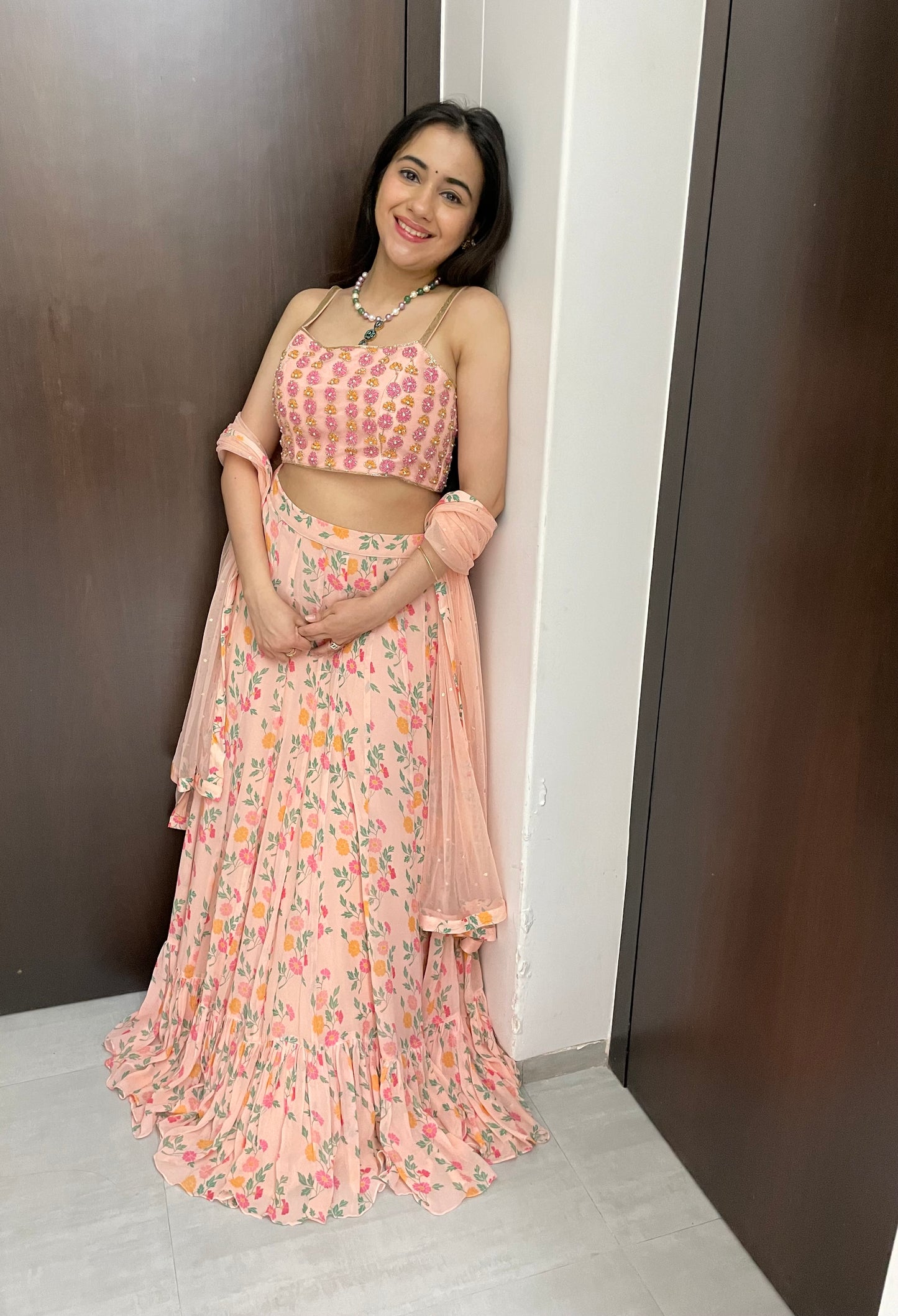 Soft pink floral printed lehenga set