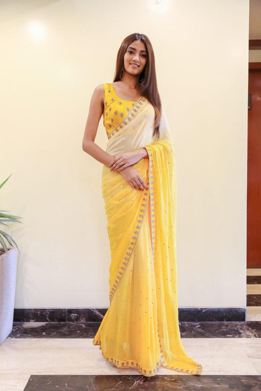 Shreya Shanker- Femina Miss India United Continents 2019 : Yellow shaded sari with a hand embroidered blouse