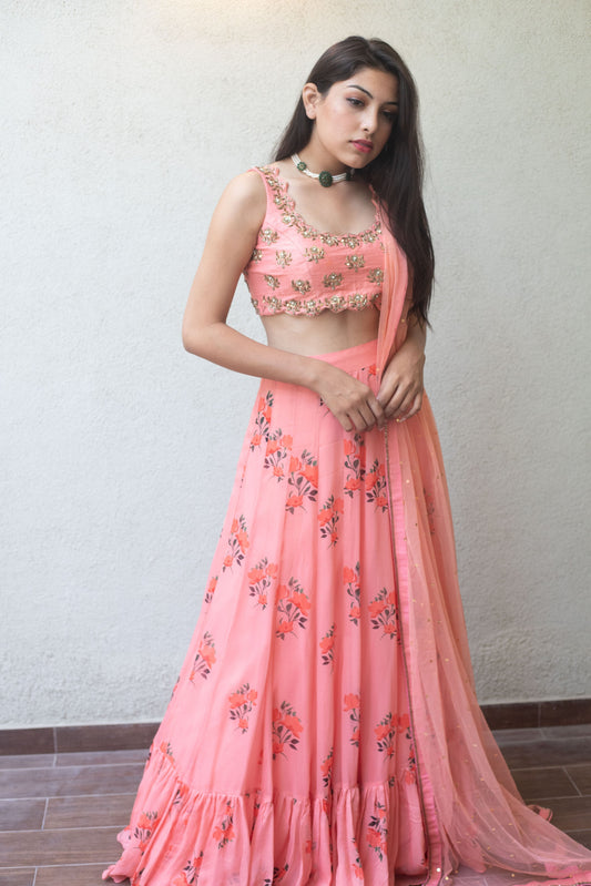 Pink big floral lehenga