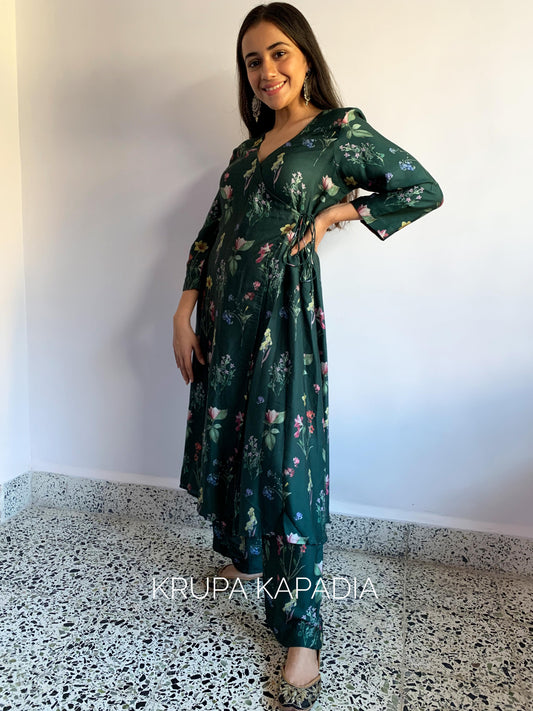 Bottle green wrap around kurta and pyjama