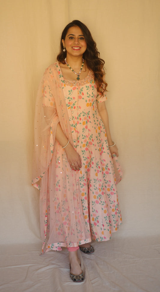 Dusty pink floral printed and hand embroidered anarkali set