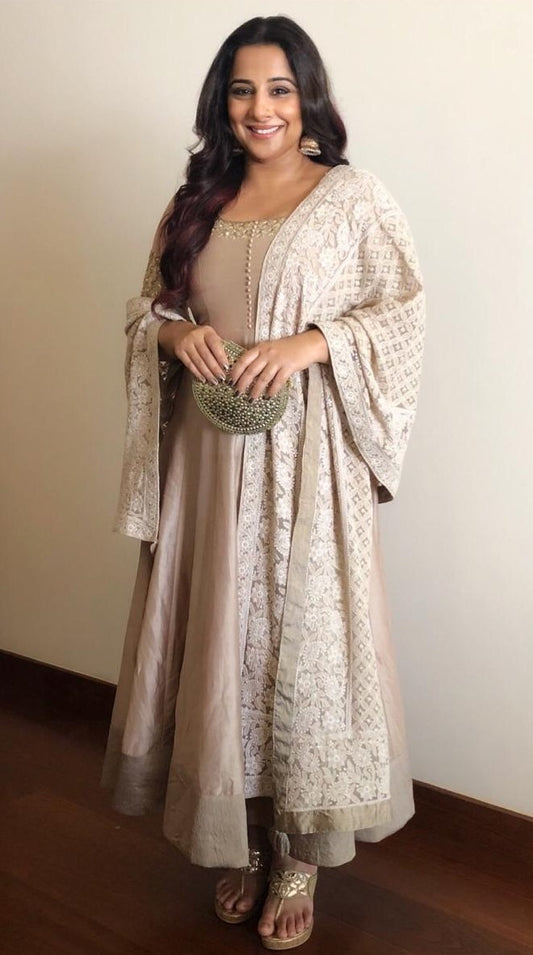 Vidya Balan : Beige hand embroidered anarkali with a lucknowi dupatta