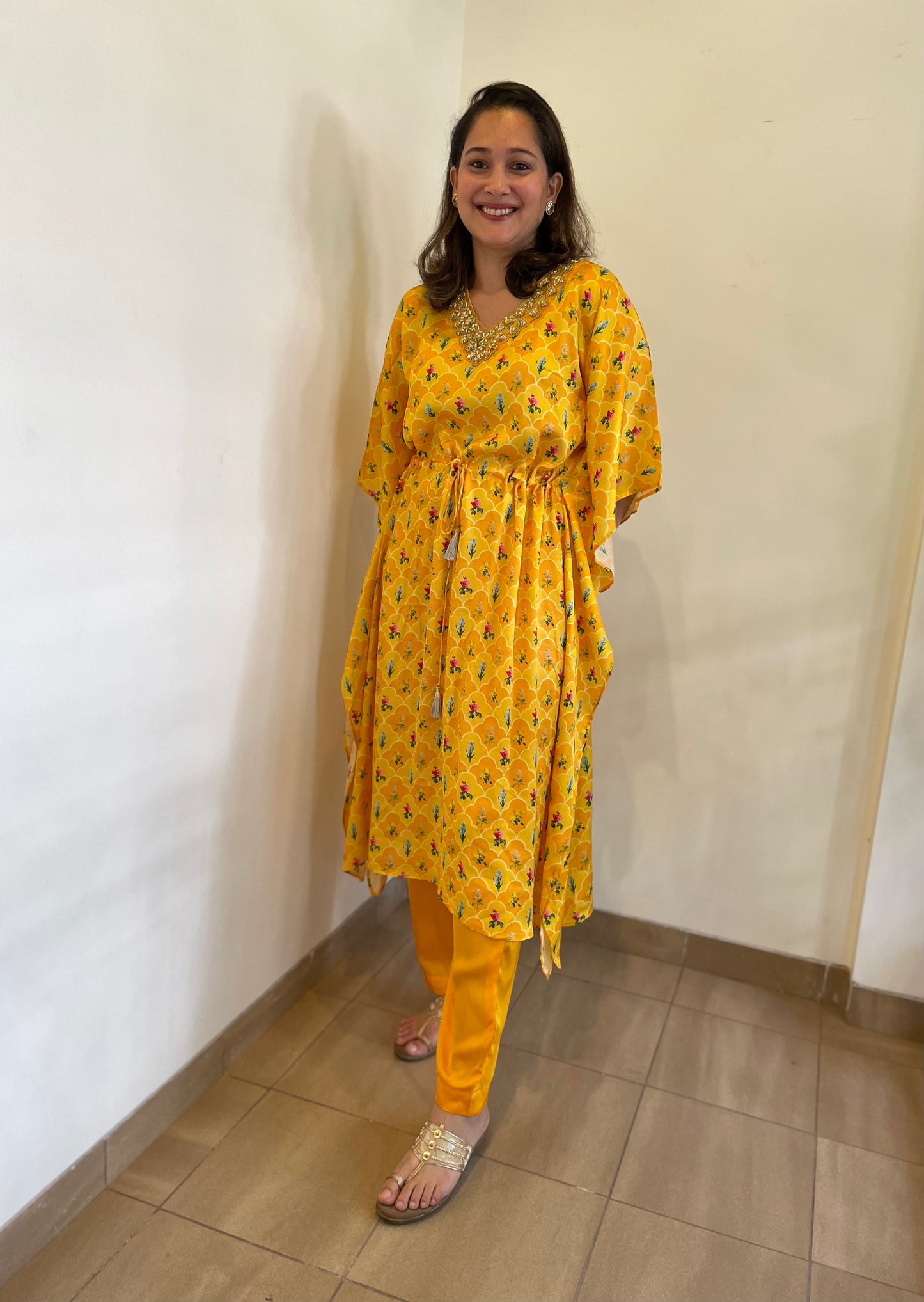 Yellow orange floral printed kaftan set with an embroidered neckline