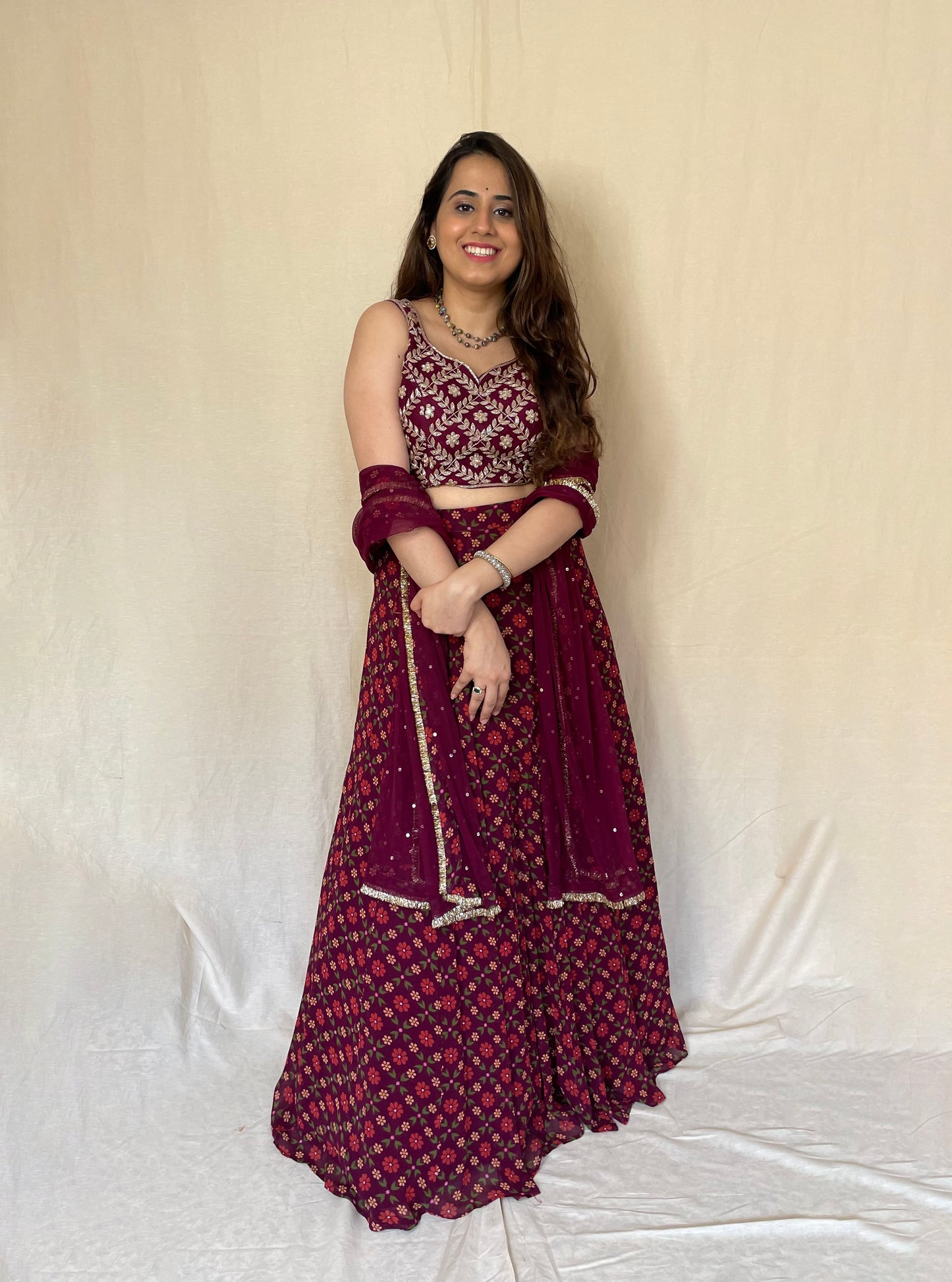 Wine red floral printed and hand embroidered lehenga set