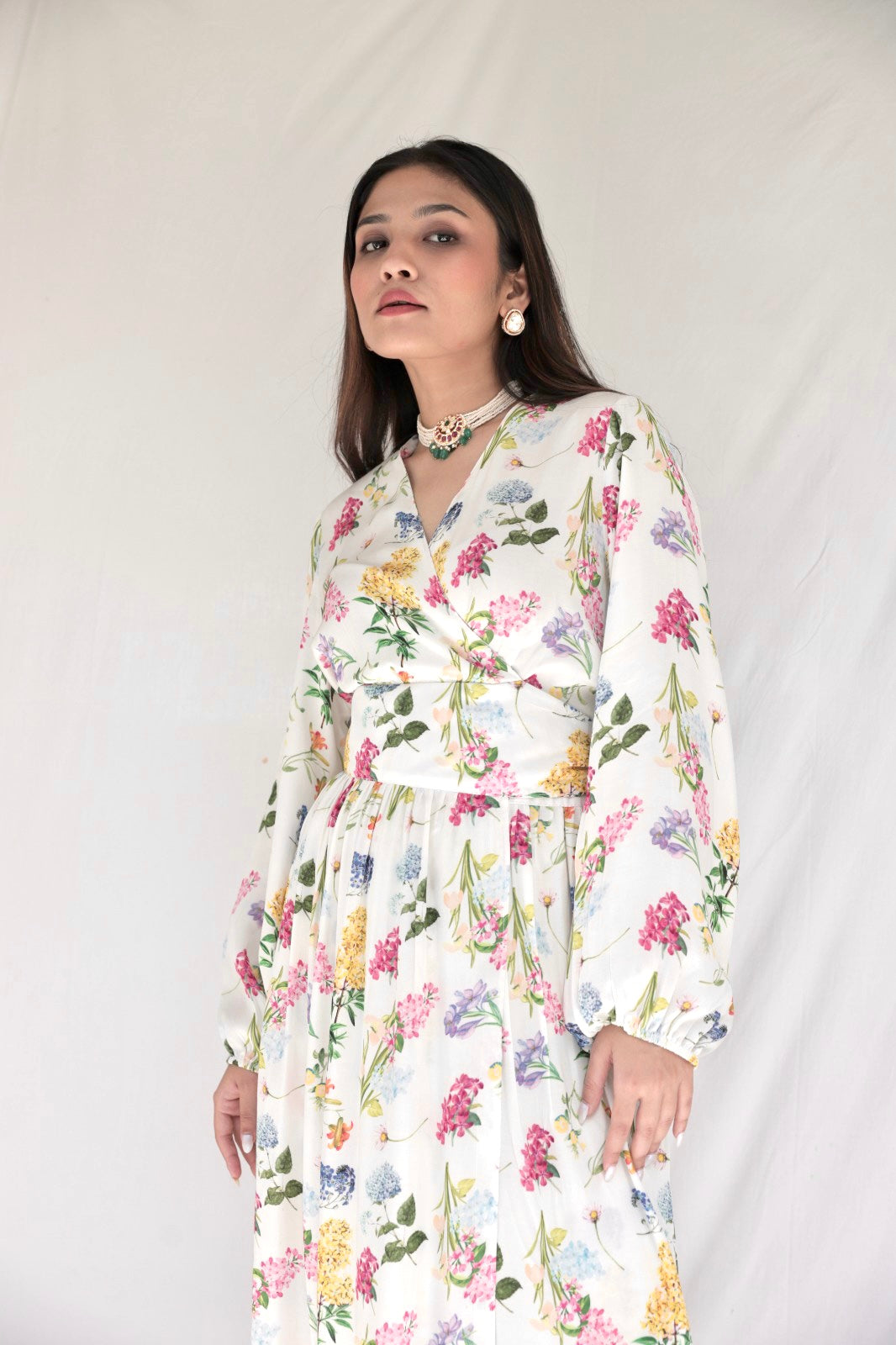 Floral printed ivory wrap kurta (with pockets) and pyjama pants