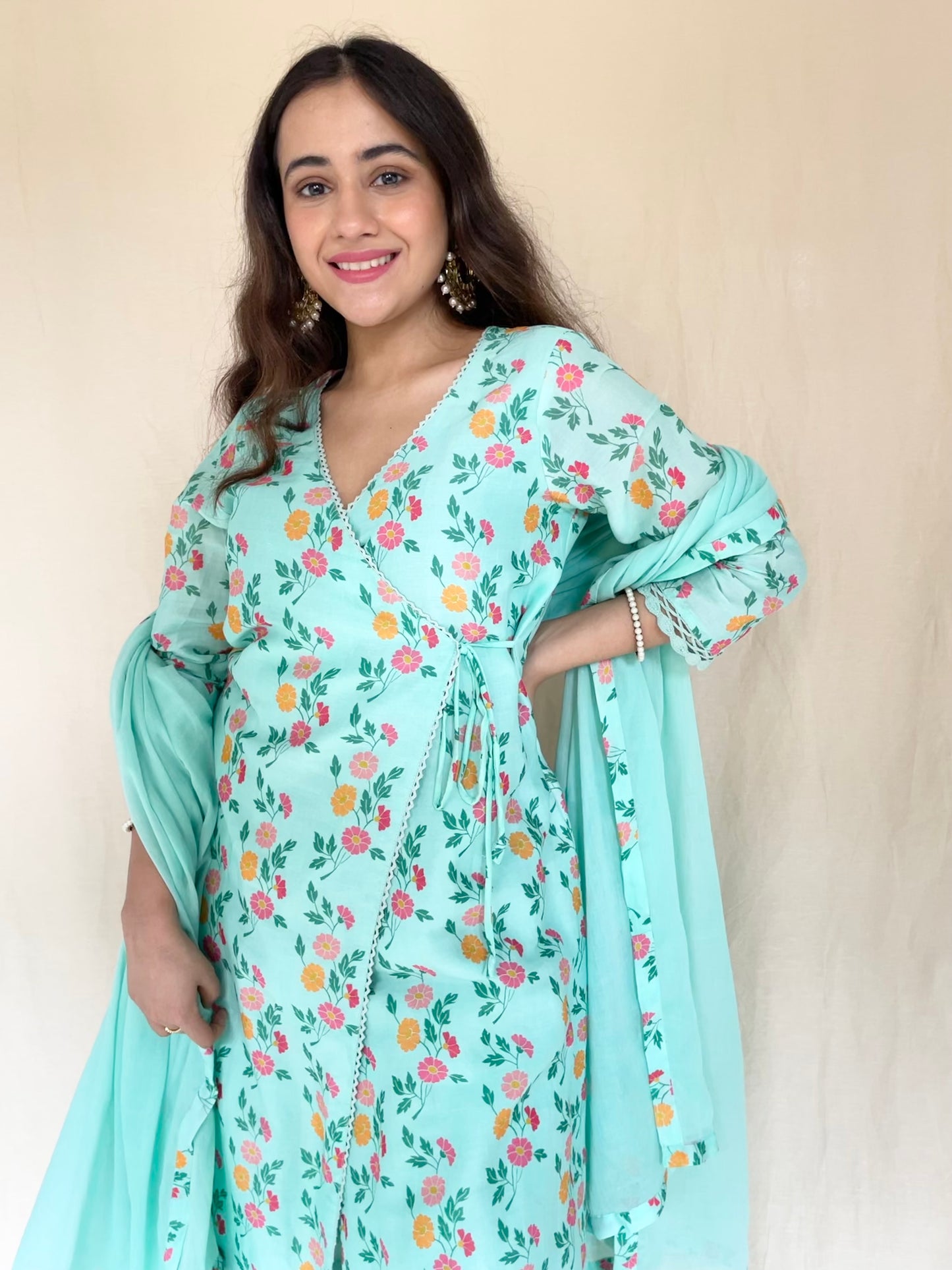 Aqua floral printed kurta, pyjama and dupatta