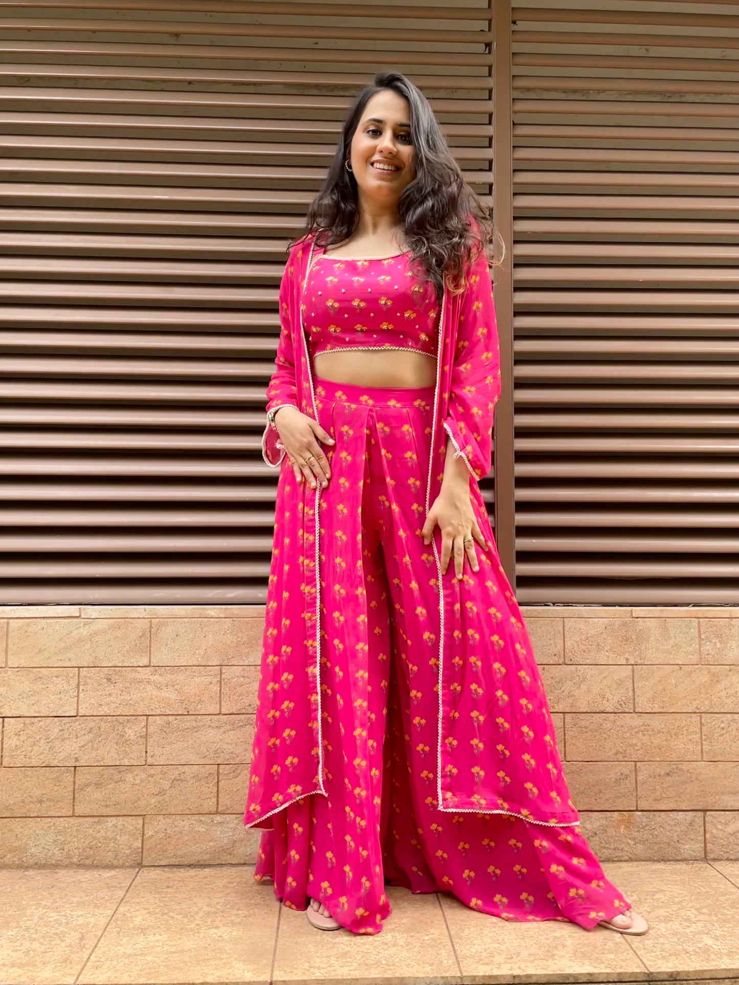 Hot pink floral printed Indo western set