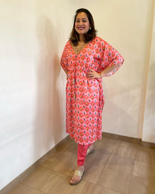 Pink floral printed kaftan with a hand embroidered neckline