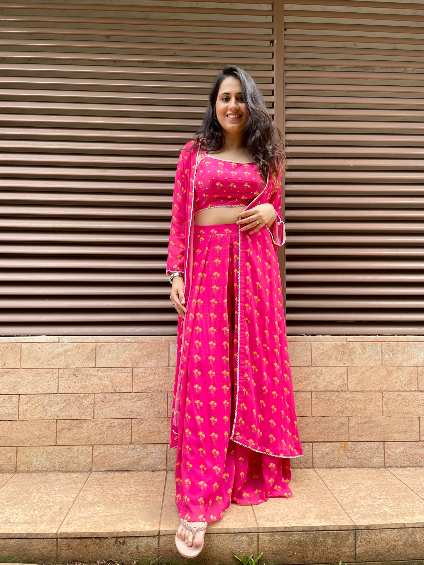 Hot pink floral printed Indo western set