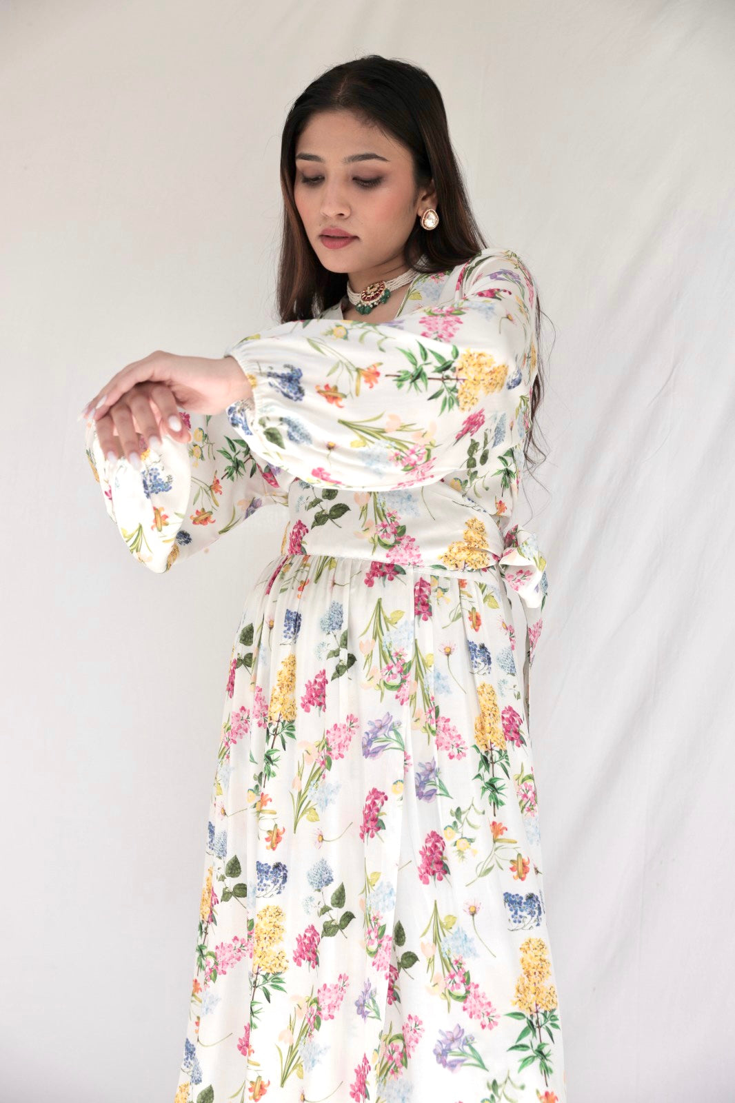 Floral printed ivory wrap kurta (with pockets) and pyjama pants