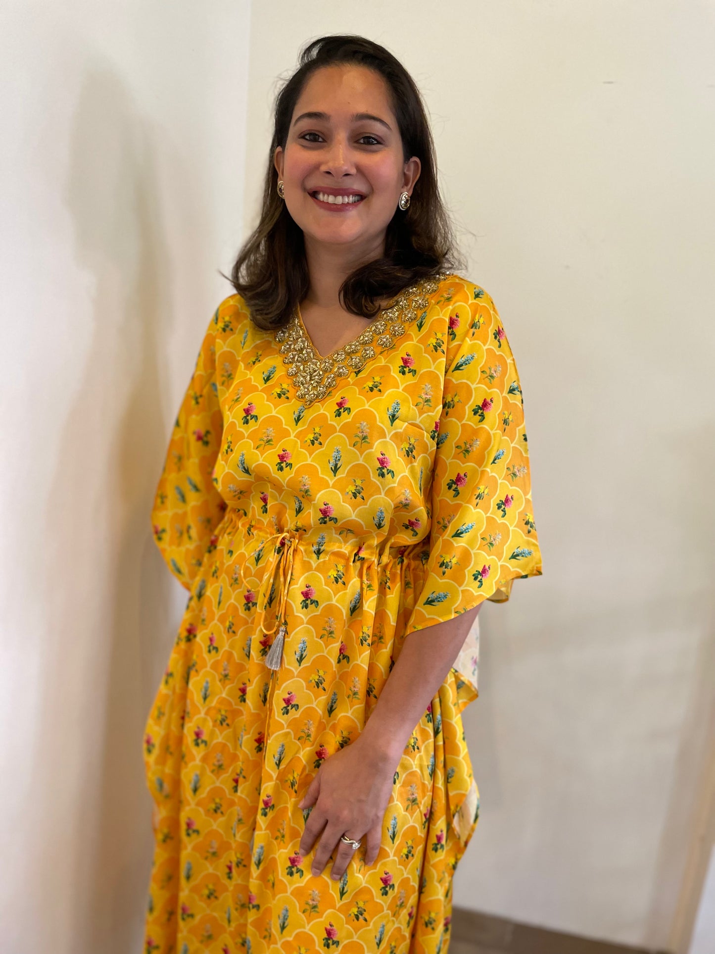 Yellow orange floral printed kaftan set with an embroidered neckline