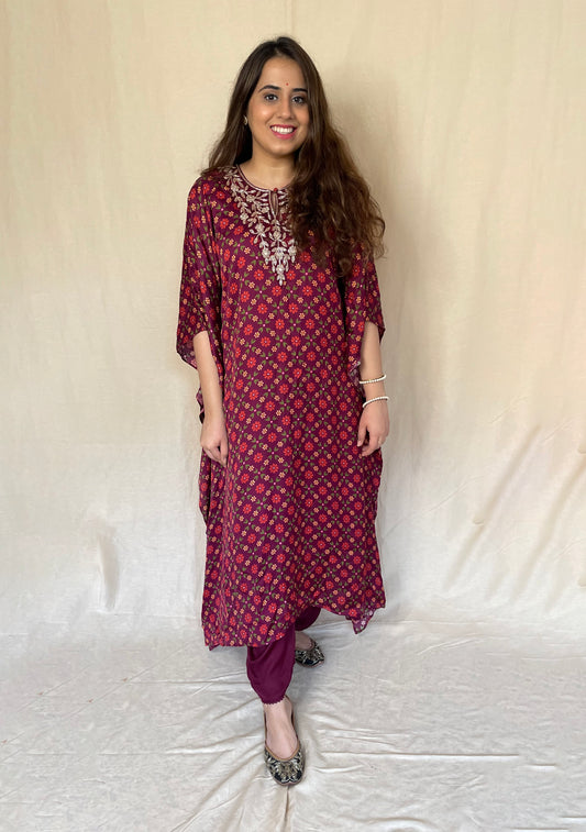 Wine red floral printed kaftan with a hand embroidered yoke and pyjama