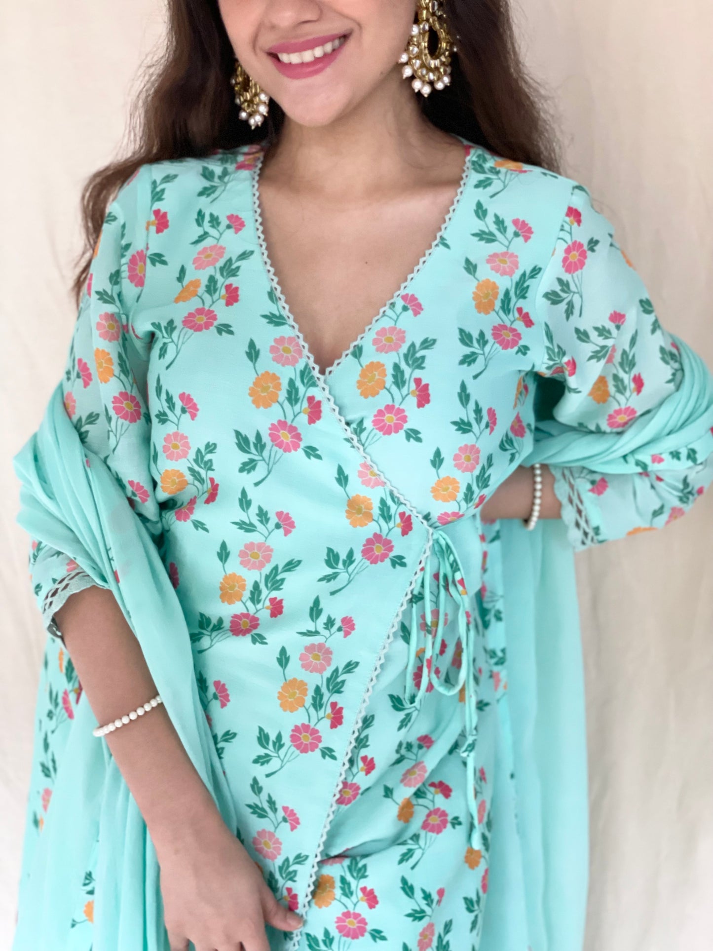 Aqua floral printed kurta, pyjama and dupatta