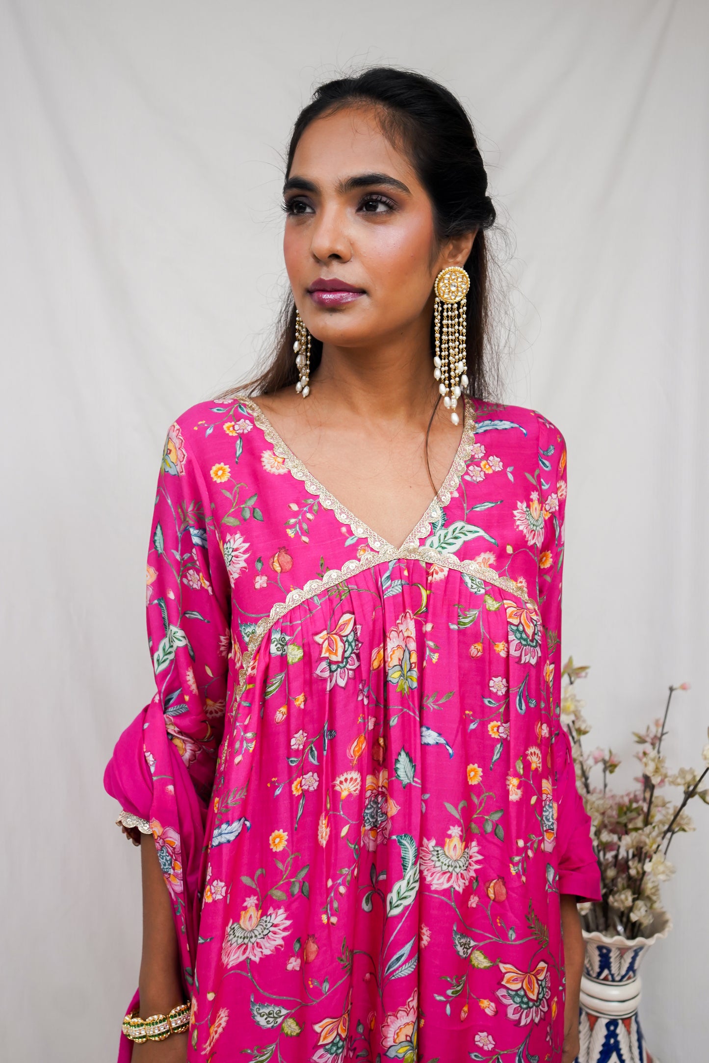 Hot pink gathered kurta, pyjama and dupatta