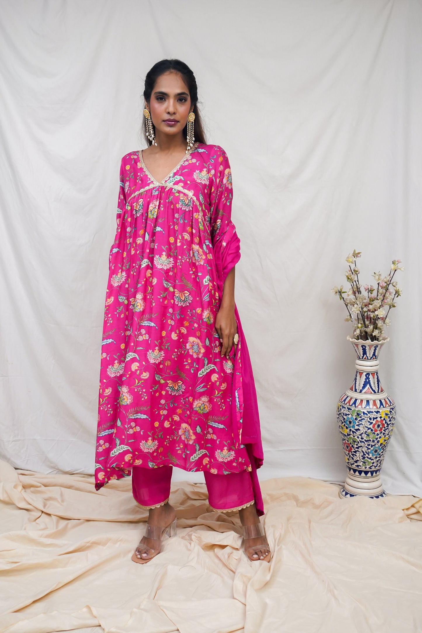 Hot pink gathered kurta, pyjama and dupatta