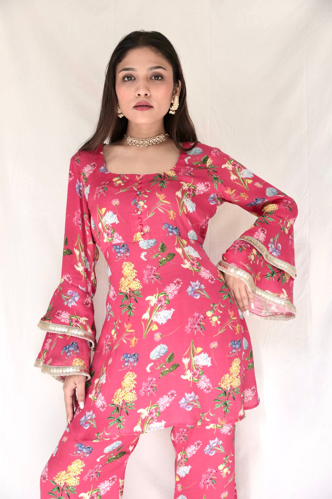 Carrot red printed kurta with embellished sleeves and flared pants