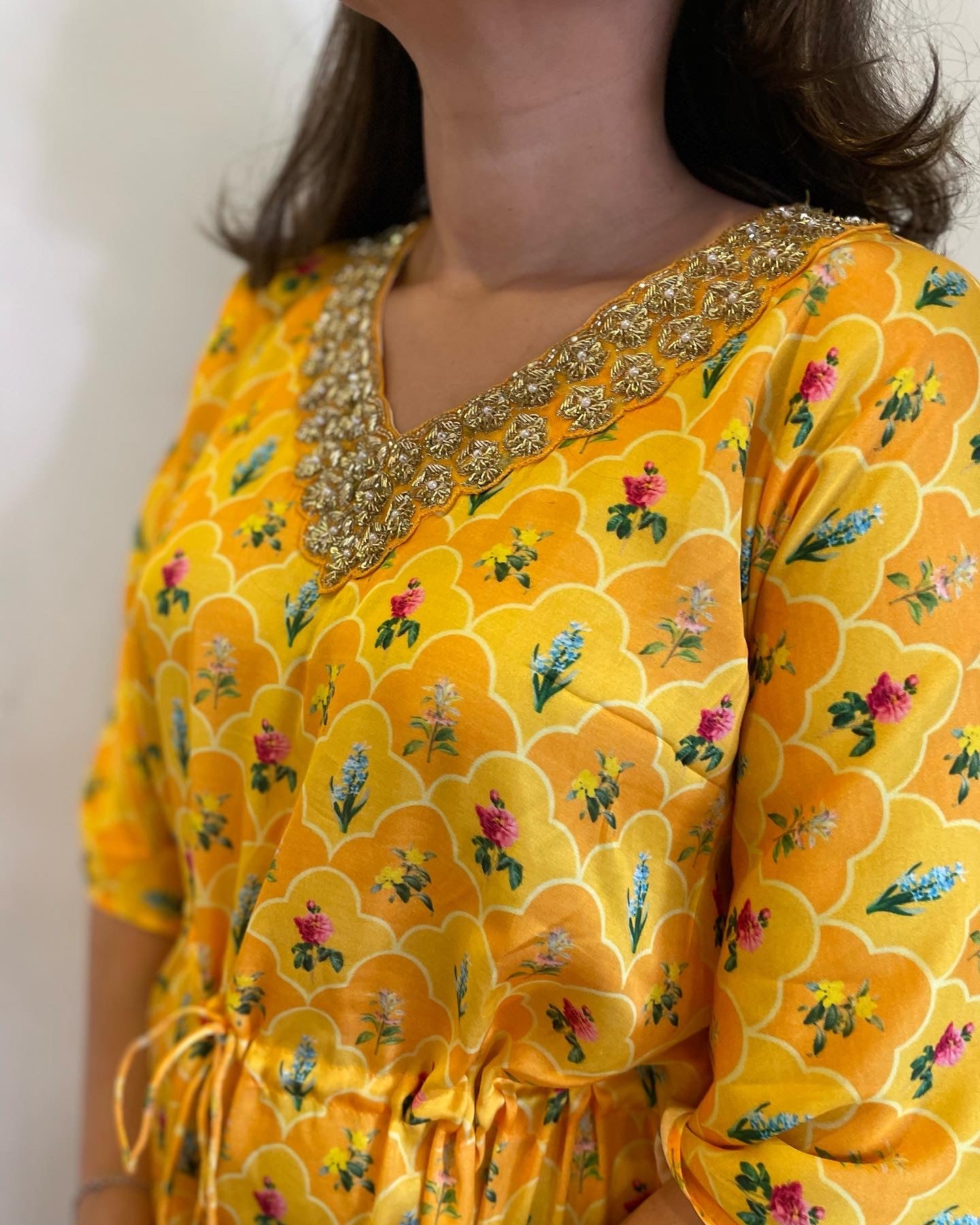 Yellow orange floral printed kaftan set with an embroidered neckline